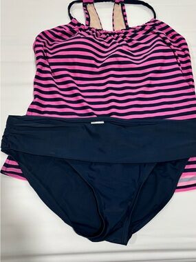 Merona Pink and Navy Striped Tankini Top and navy bottom